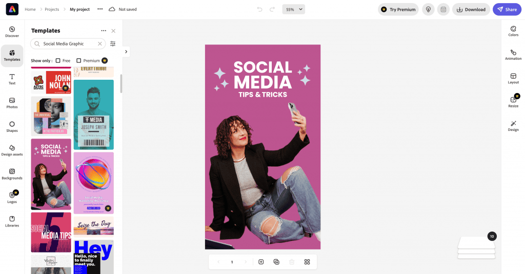 Интерфейс Adobe Express