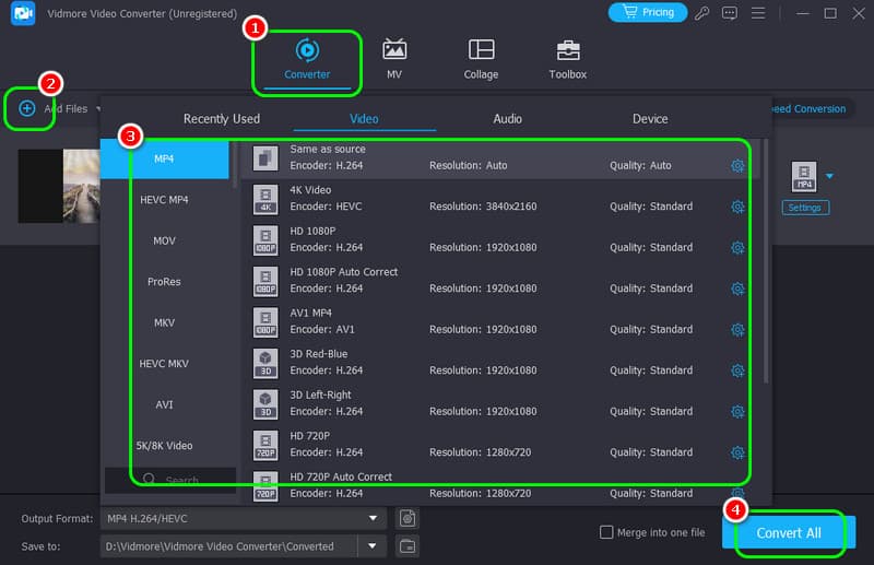 Выбор MP4 и H.264 в Vidmore Video Converter