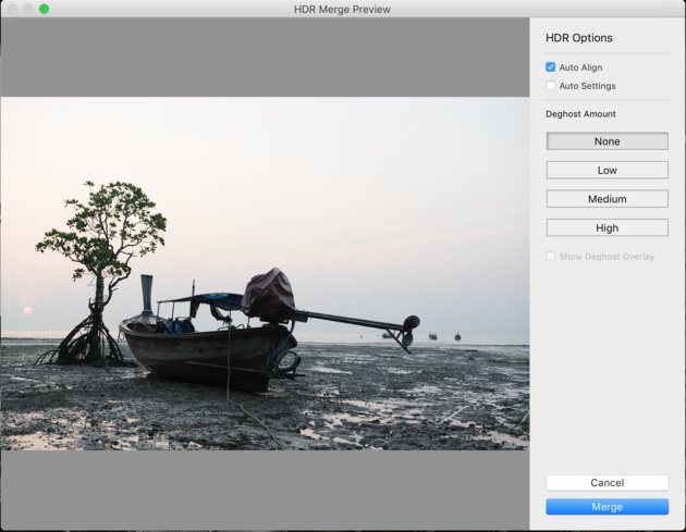Результат объединения экспозиций пейзажа в Lightroom