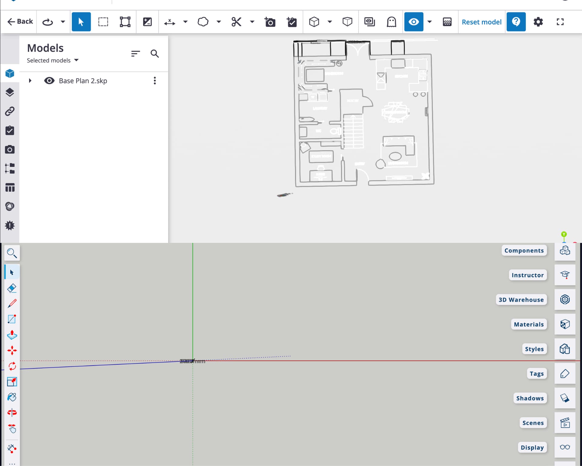 Интерфейс SketchUp с импортированным планом помещения