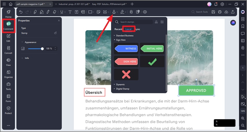 Открытие панели комментариев и штампов в PDFelement