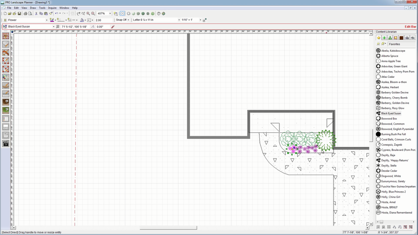 Рабочее окно CAD Pro Landscape Planner с сеткой, линейками, панелью инструментов и библиотекой растений