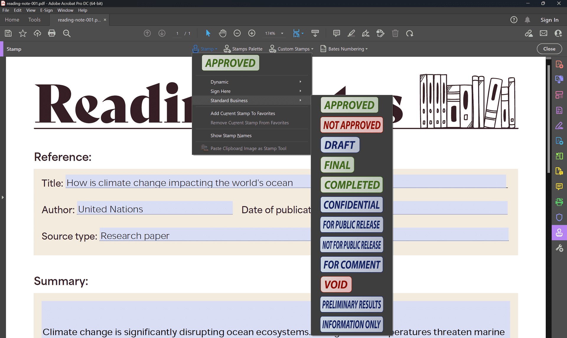 Палитра штампов Adobe Acrobat; пример интерфейса инструмента Stamp