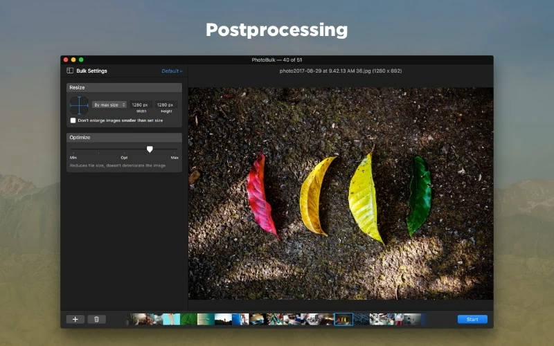 Интерфейс PhotoBulk на macOS с настройками массового изменения размера
