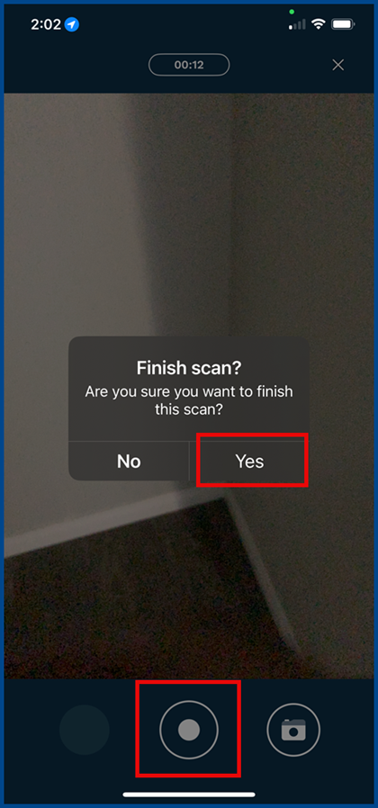 Диалог CubiCasa Finish scan для подтверждения завершения непрерывной съёмки
