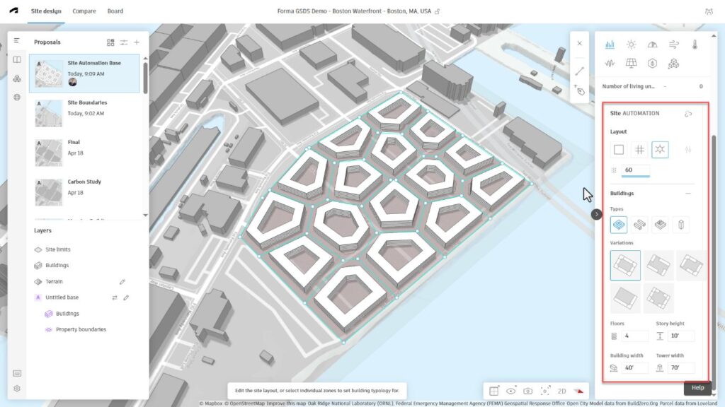 Autodesk Forma Site Design с выбранным Sun hours analysis в правой панели Analyze