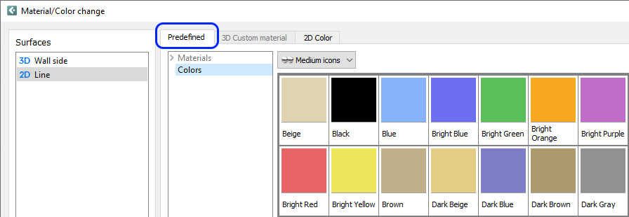 Диалог Material/Color Change в Configura 9.9.8 с вкладкой Predefined