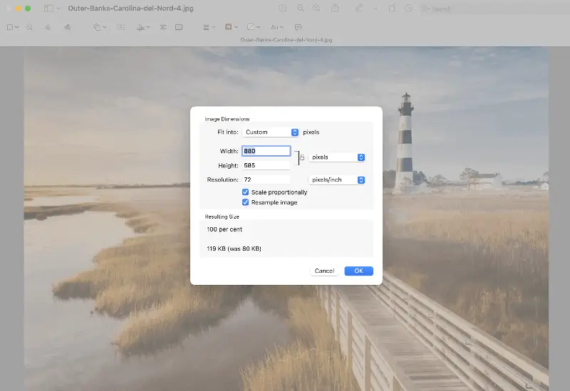 Окно Adjust Size в Preview на macOS