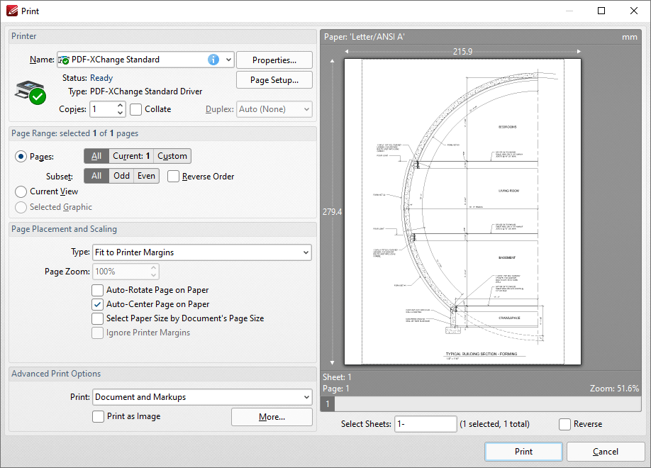 Диалог печати PDF-XChange Editor