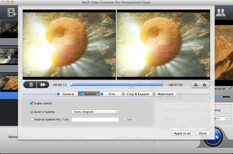 Окно Subtitle в MacX Video Converter Pro с включением встроенных и внешних субтитров