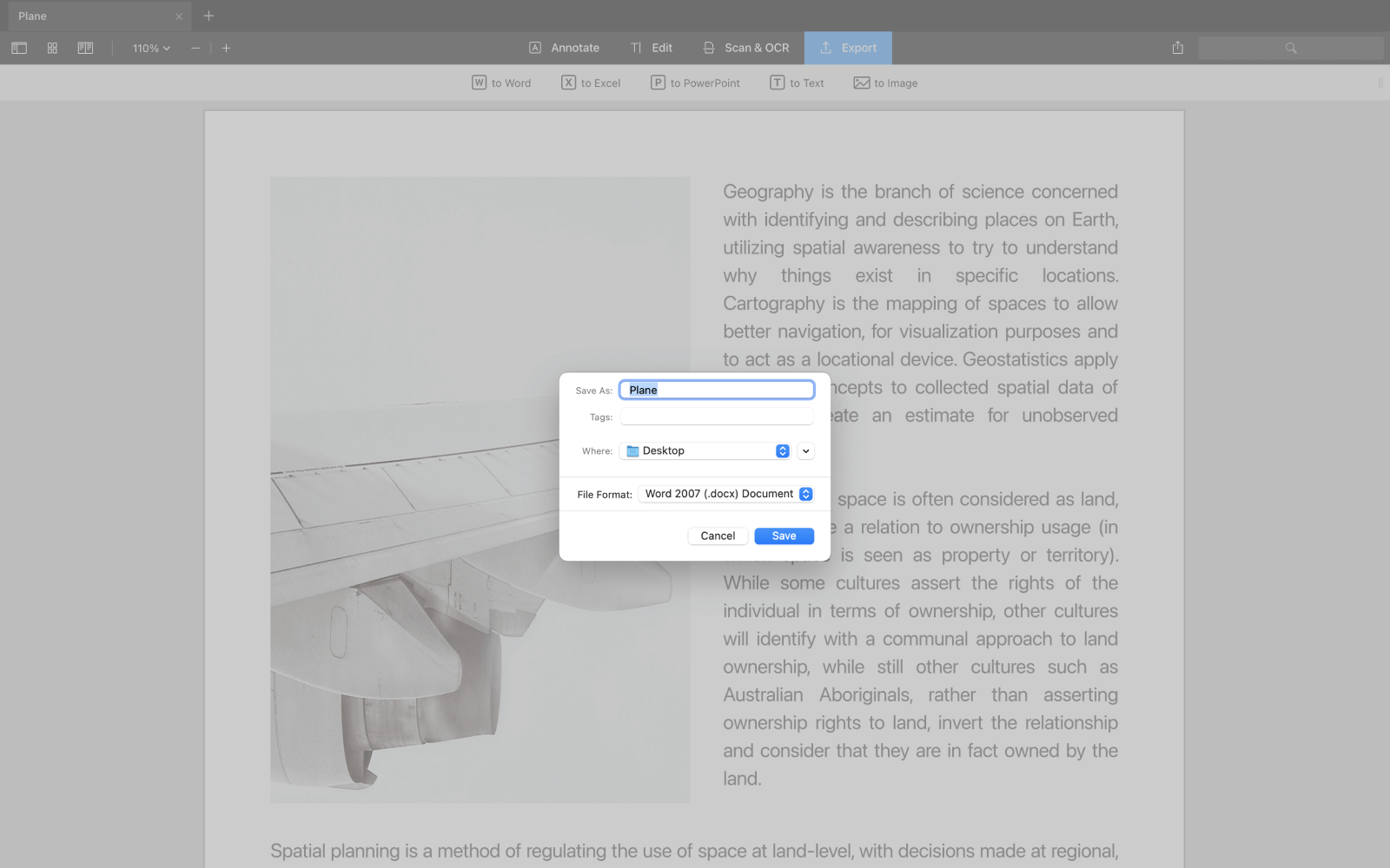Диалог сохранения DOCX после экспорта PDF в Word в PDF Expert на Mac