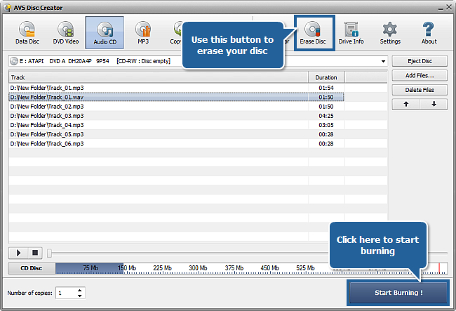Запуск записи Audio CD в AVS Disc Creator