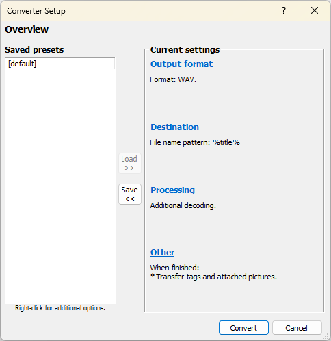 Окно Converter Setup в foobar2000 с Output format, Destination и Processing