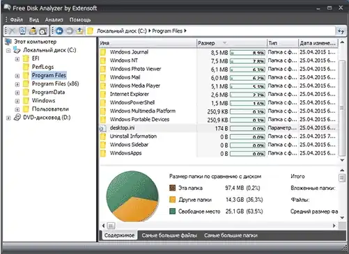 Дополнительный вид дерева и диаграммы Free Disk Analyzer