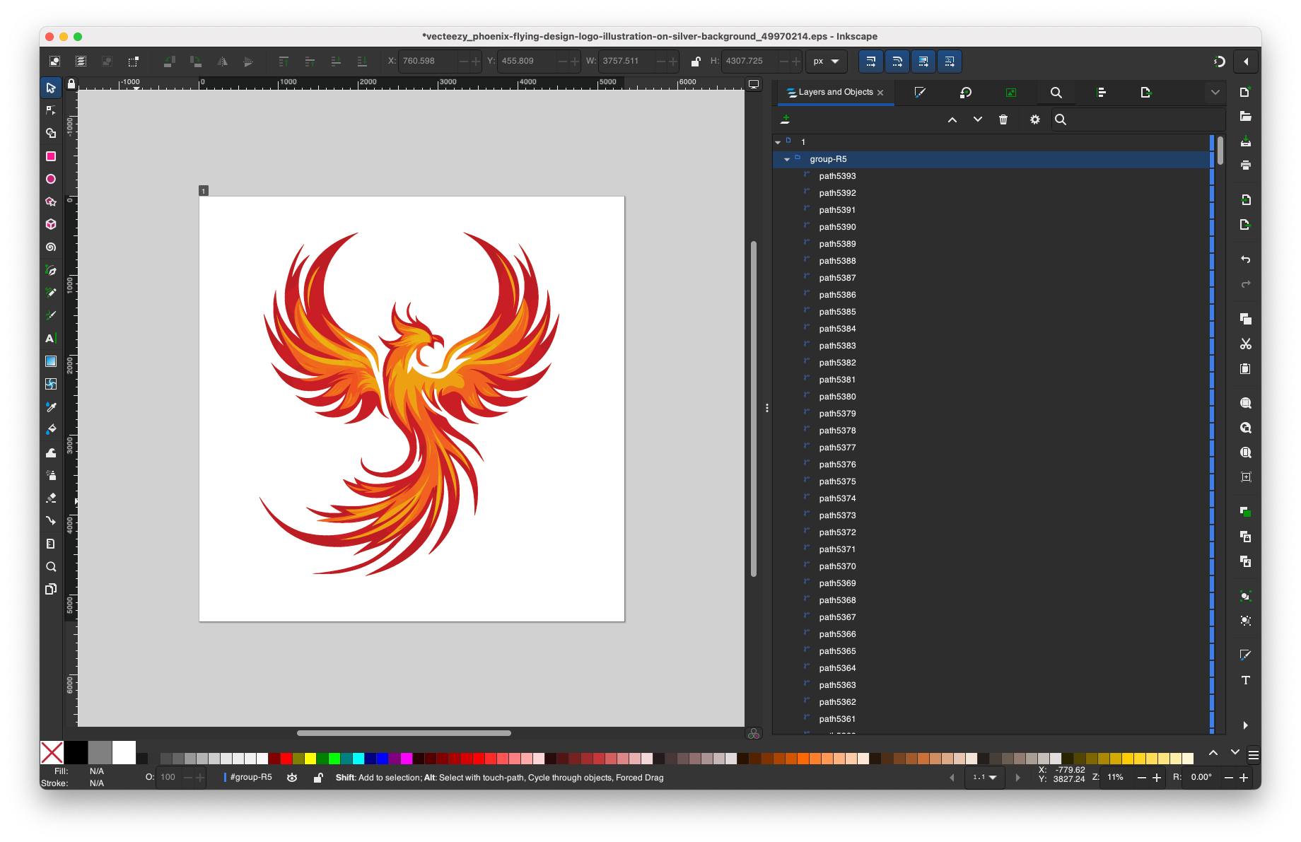 Интерфейс Inkscape с векторным рисунком и панелью Layers and Objects