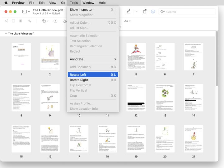 Меню Preview на macOS с командами Rotate Left и Rotate Right для PDF