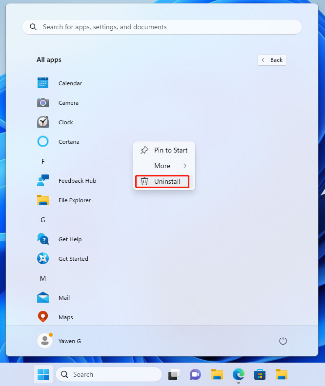 Команда Uninstall для приложения в списке All apps Windows 11