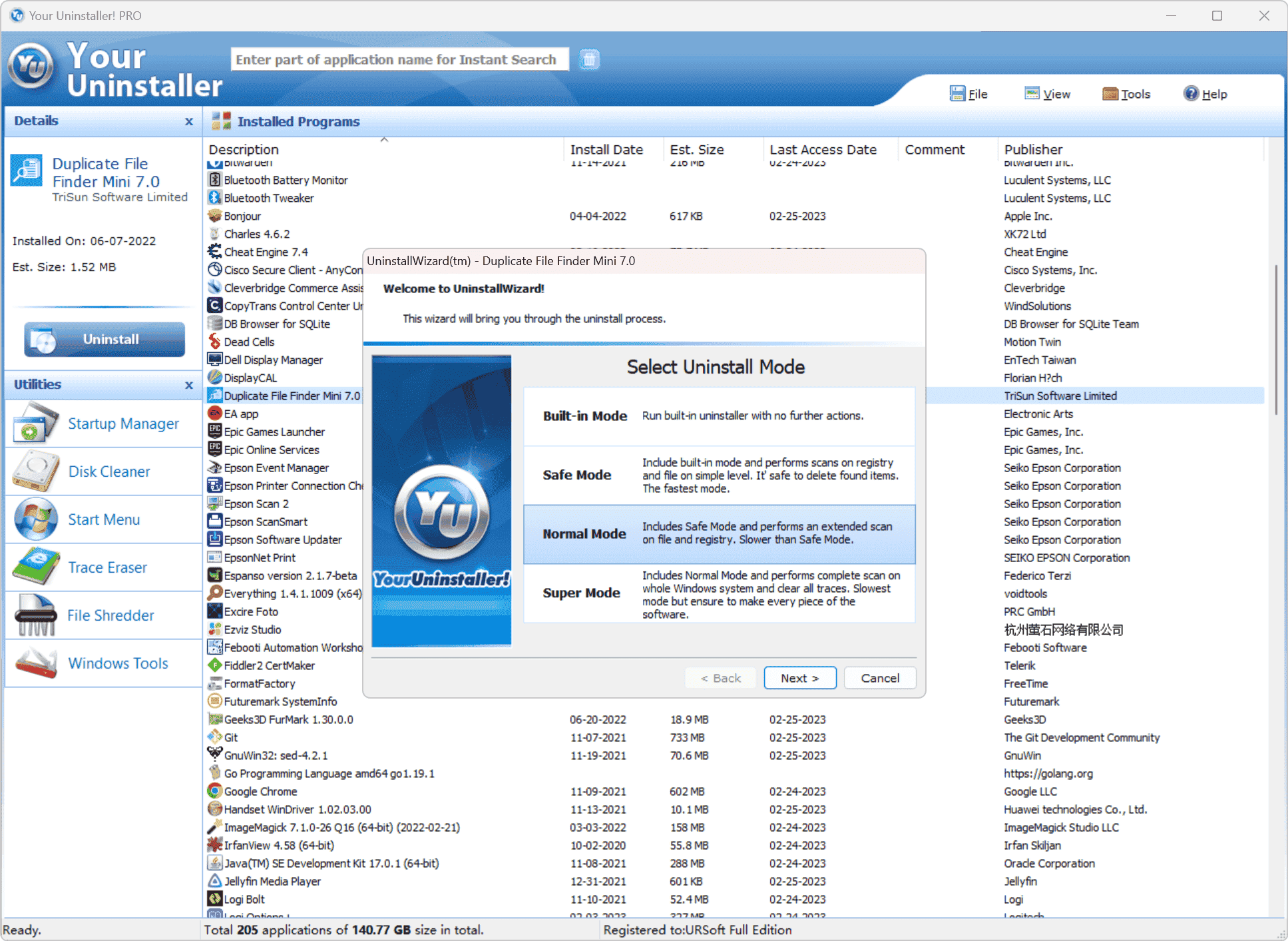 Выбор режима удаления в Your Uninstaller