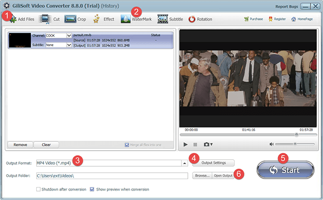 Главное окно GiliSoft Video Converter с выделенной командой WaterMark