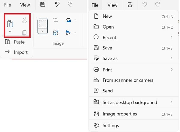 Меню File в Microsoft Paint с командами Open и Save as