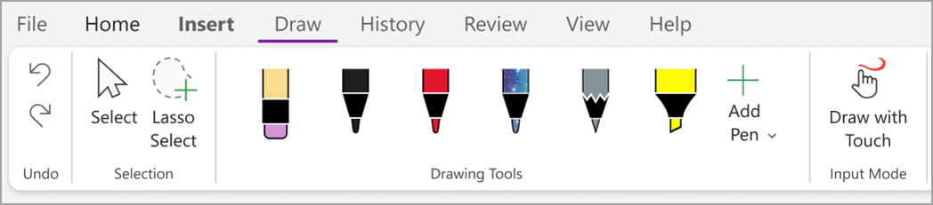 Вкладка Draw и инструменты рукописного ввода в OneNote