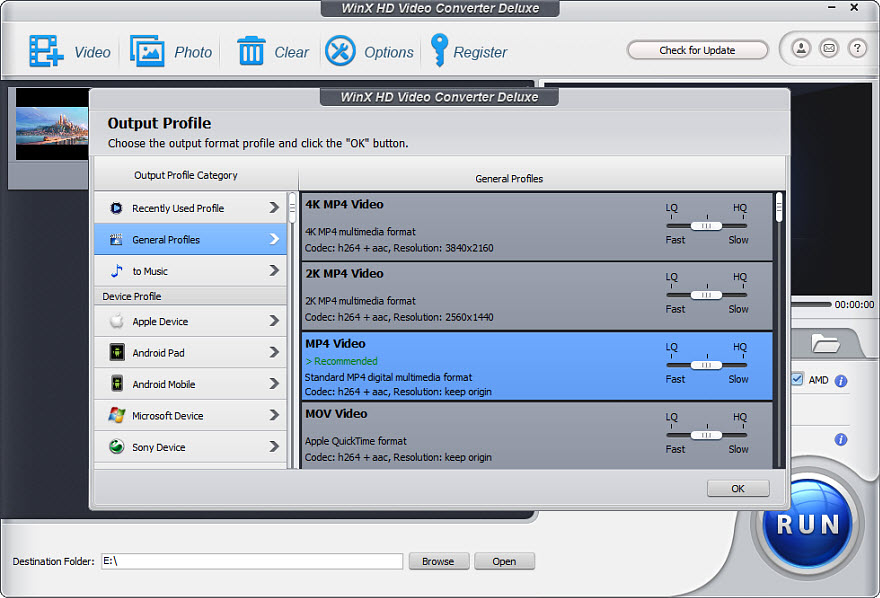 Выбор профиля MP4 в WinX Video Converter