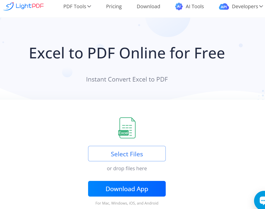 Интерфейс LightPDF при конвертации Excel или XLS в PDF