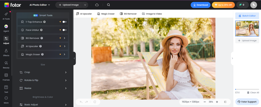 Интерфейс Fotor для коррекции засвеченного изображения