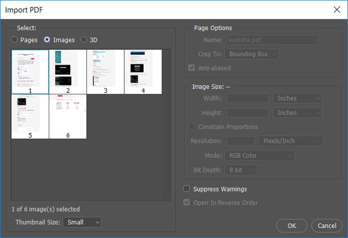 Диалог импорта PDF в Adobe Photoshop с выбором содержимого