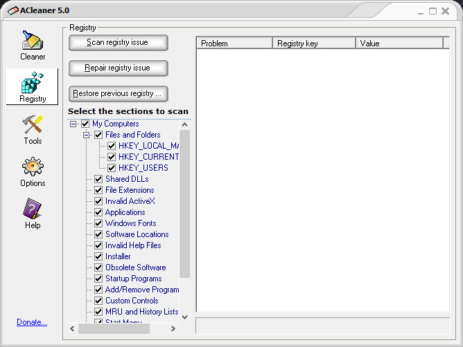 Раздел Registry в ACleaner с кнопками Scan registry issue, Repair registry issue и Restore previous registry