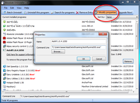 Окно Modify properties в Absolute Uninstaller с полями Name и Command Line