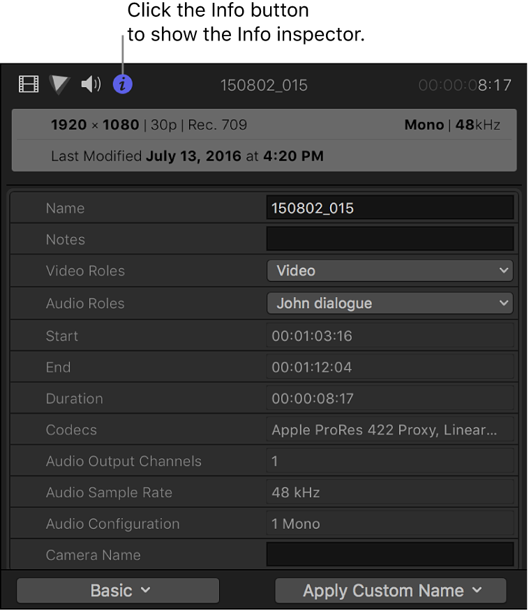 Info inspector в Final Cut Pro с техническими параметрами и timecode клипа