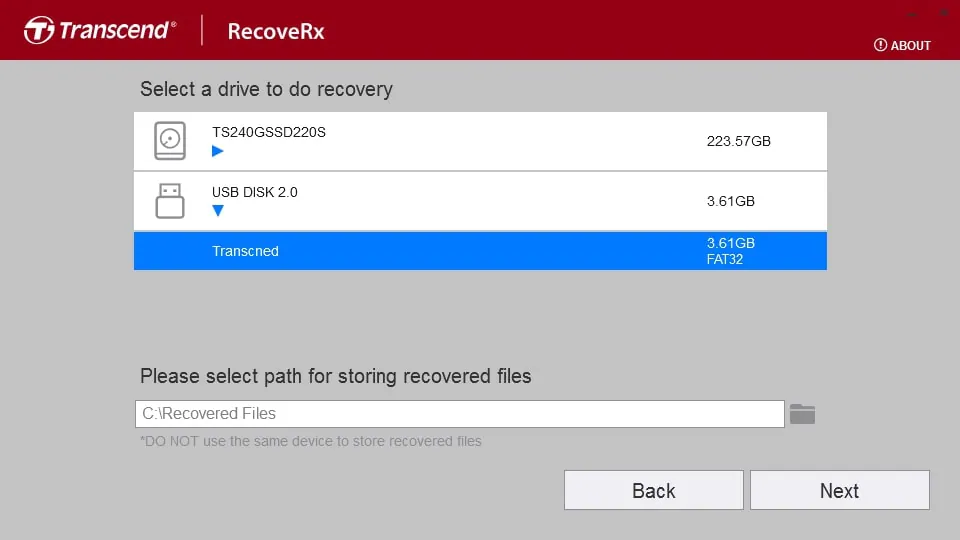Выбор USB-накопителя и папки сохранения в RecoveRx