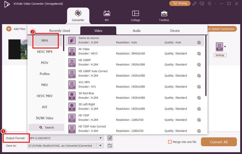 Выбор MP4 в AVAide Video Converter