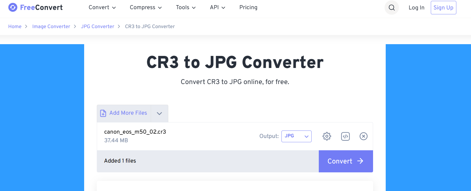 FreeConvert: интерфейс CR3 to JPG Converter с кнопкой Choose Files