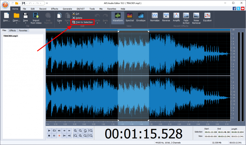 Кнопка Trim to Selection в AVS Audio Editor