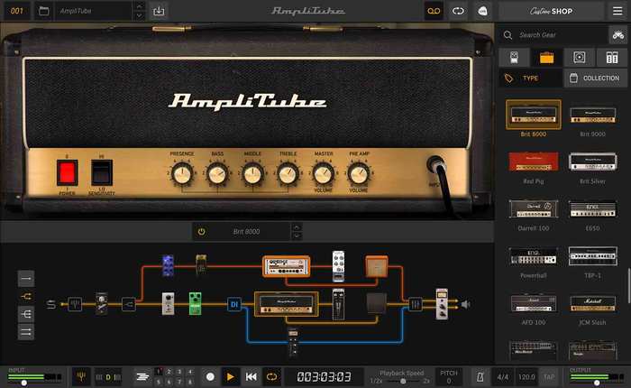 Интерфейс AmpliTube с цепочкой гитарного усилителя и кабинета