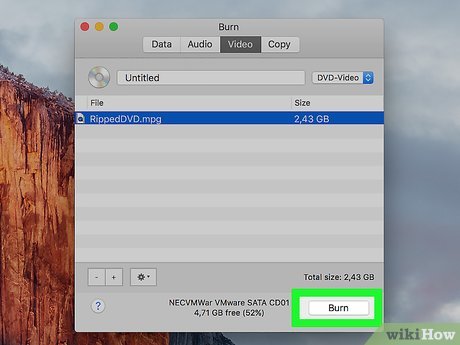 Запуск прожига DVD в Burn для macOS