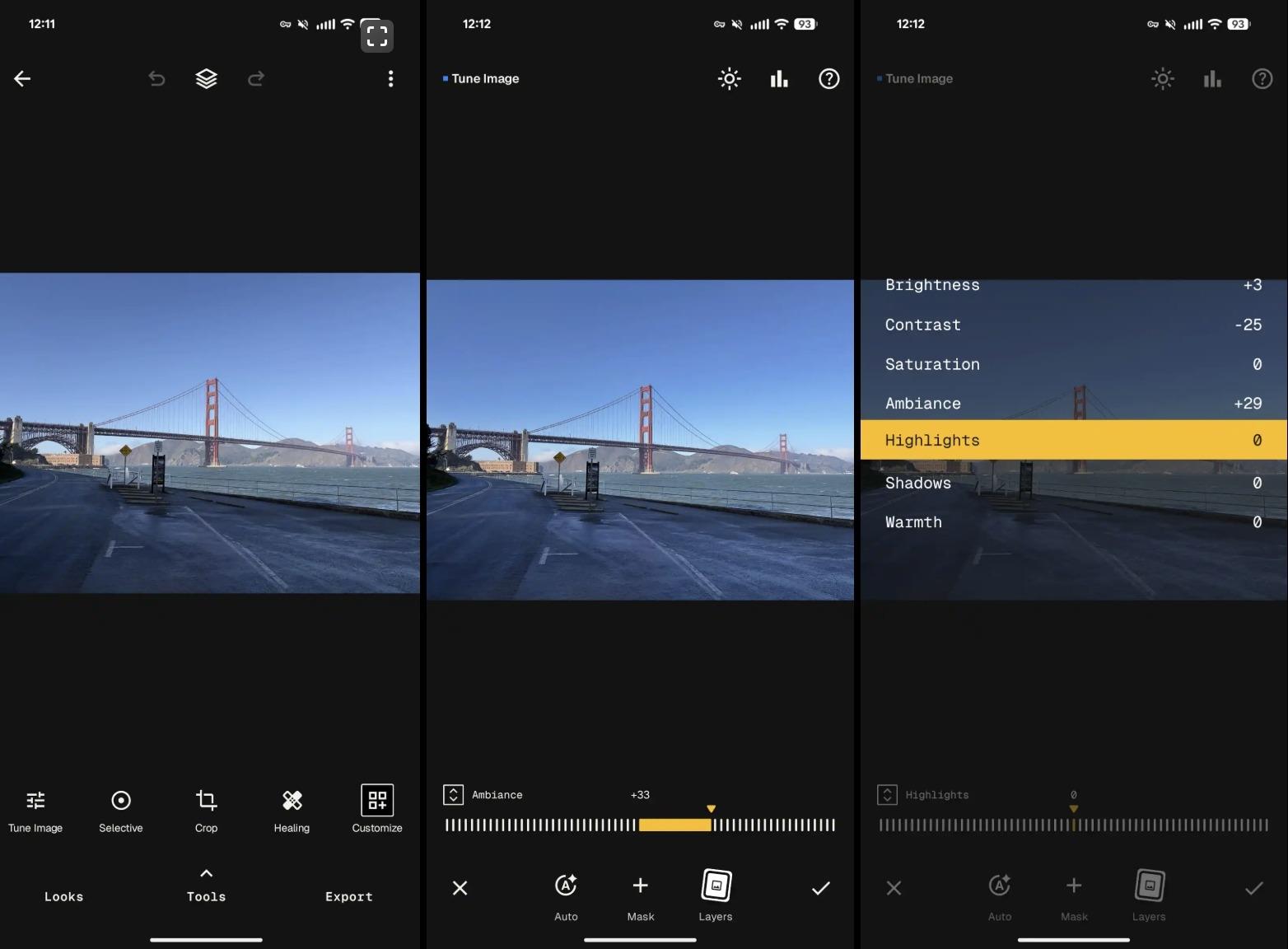 Snapseed на Android: экран редактирования с Tune Image и инструментами коррекции