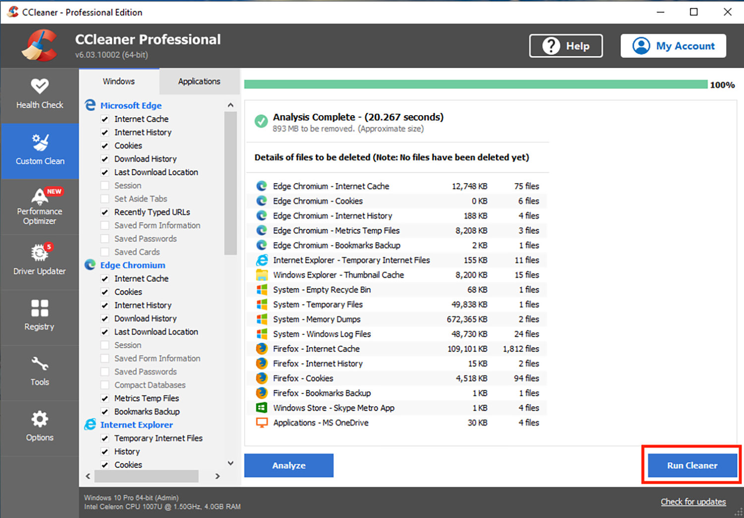 Результат анализа CCleaner перед Run Cleaner