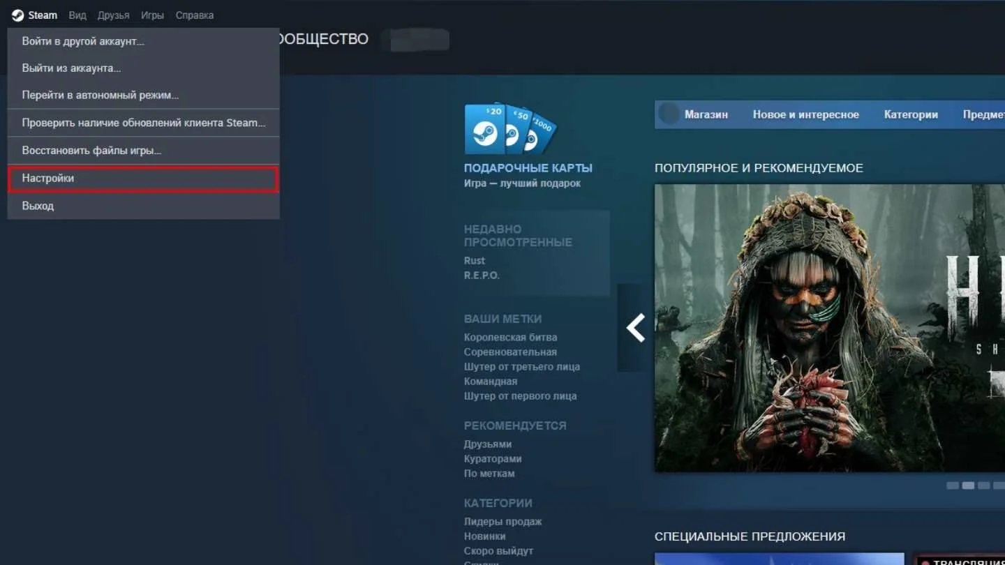 Раздел настройки горячей клавиши скриншота в Steam