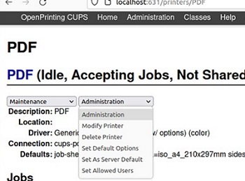 Управление виртуальным CUPS-PDF printer в веб-интерфейсе CUPS