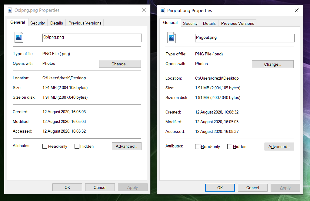 Сравнение размера PNG-файлов после обработки Oxipng и Pngout в свойствах файла Windows