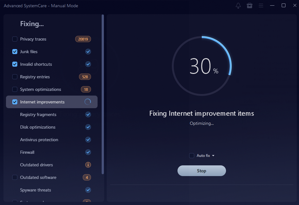 Процесс исправления найденных проблем в Advanced SystemCare