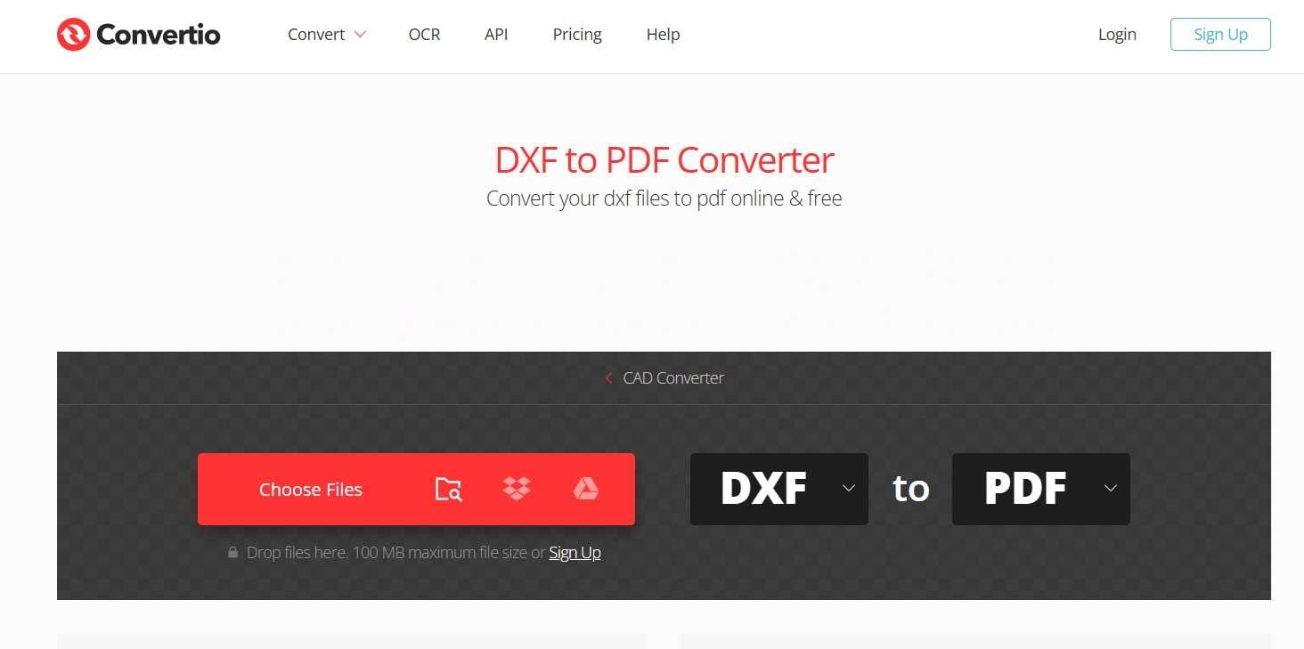 Интерфейс Convertio для выбора DXF и преобразования в PDF