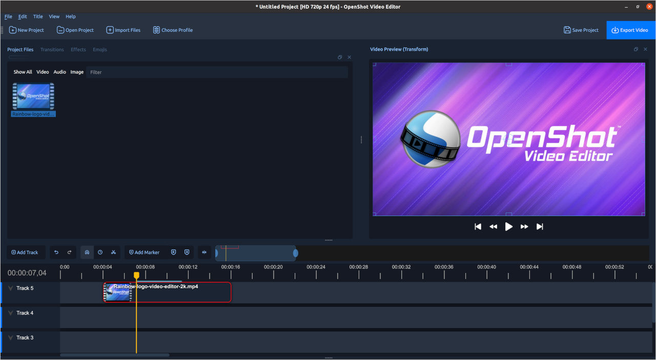 Современный интерфейс OpenShot с Project Files, предпросмотром и таймлайном