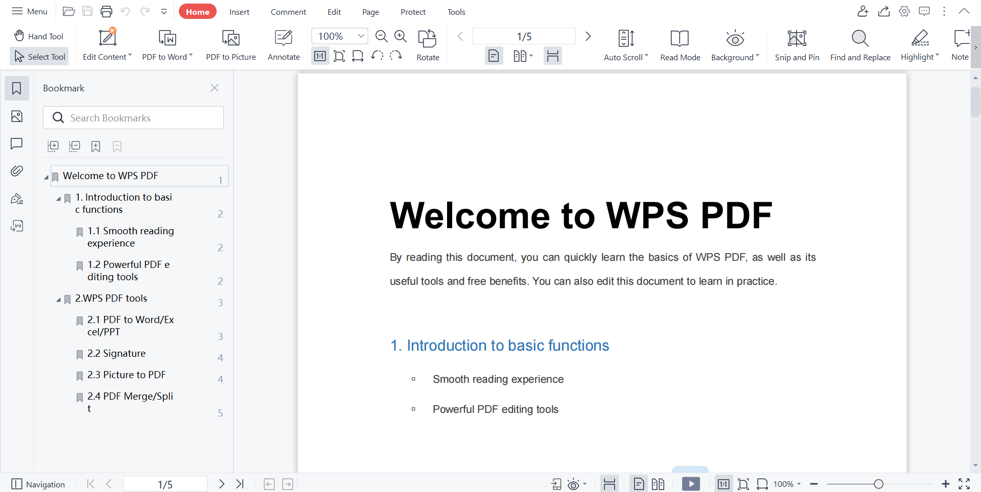 Интерфейс WPS PDF с открытым документом и панелью инструментов