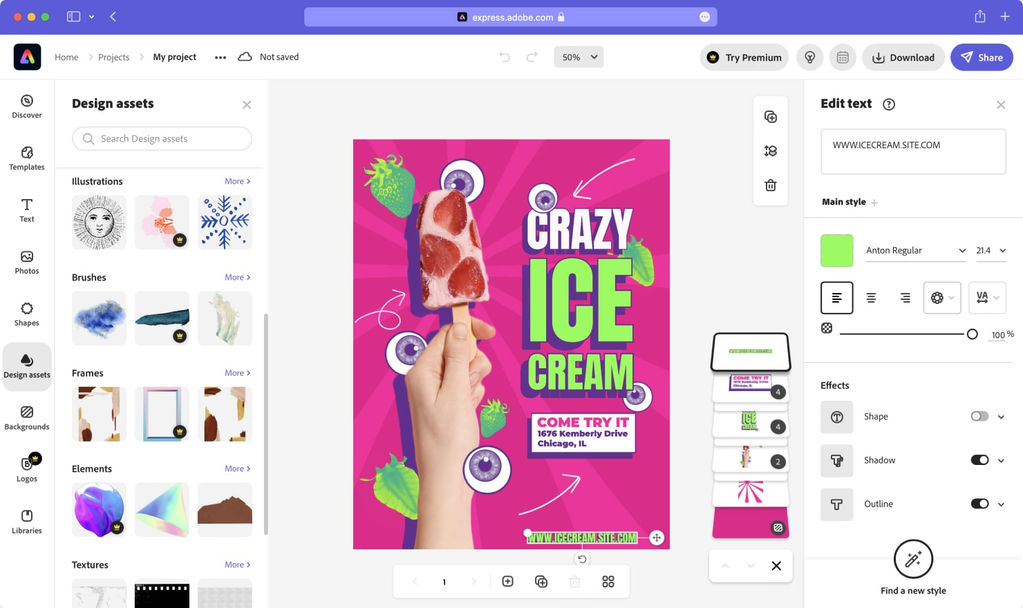 Интерфейс Adobe Express для редактирования дизайна