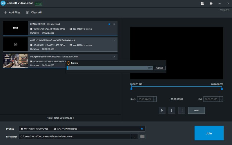 Порядок клипов в Gihosoft Free Video Joiner