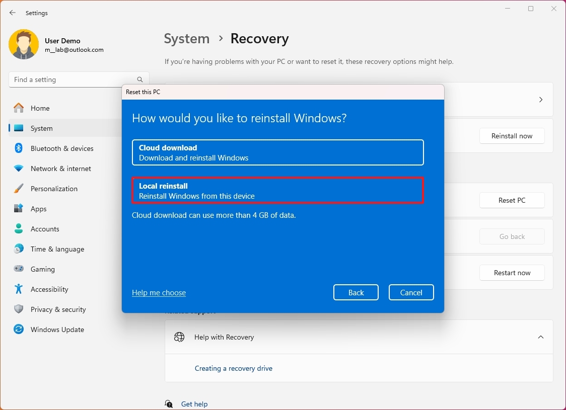 Reset this PC: выбор Cloud download или Local reinstall